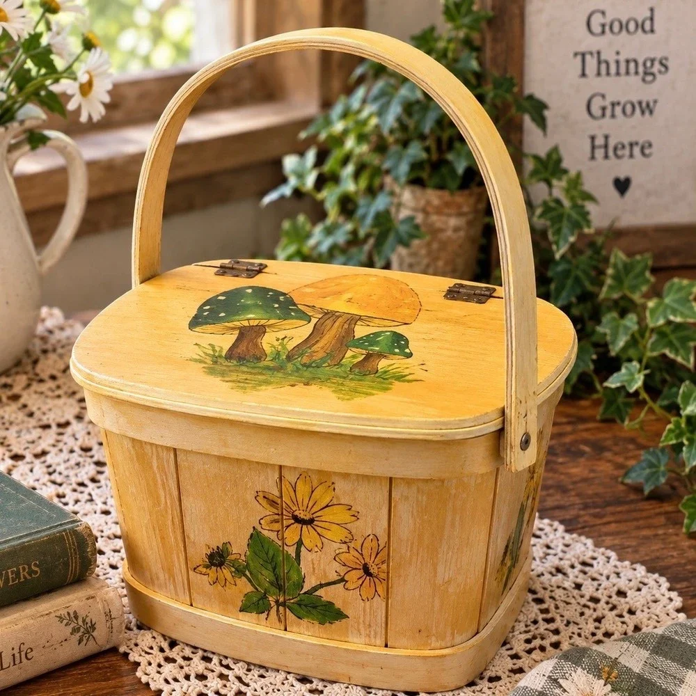 Vintage 1970s Mushroom Wooden Basket Purse Hand Painted Daisies Cottagecore